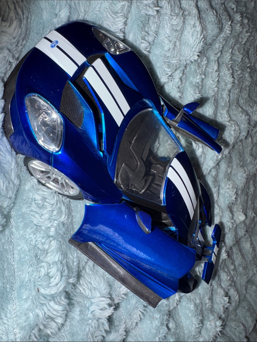 Blue 2017 FORD GT Race Car Toy with White Racing Stripes